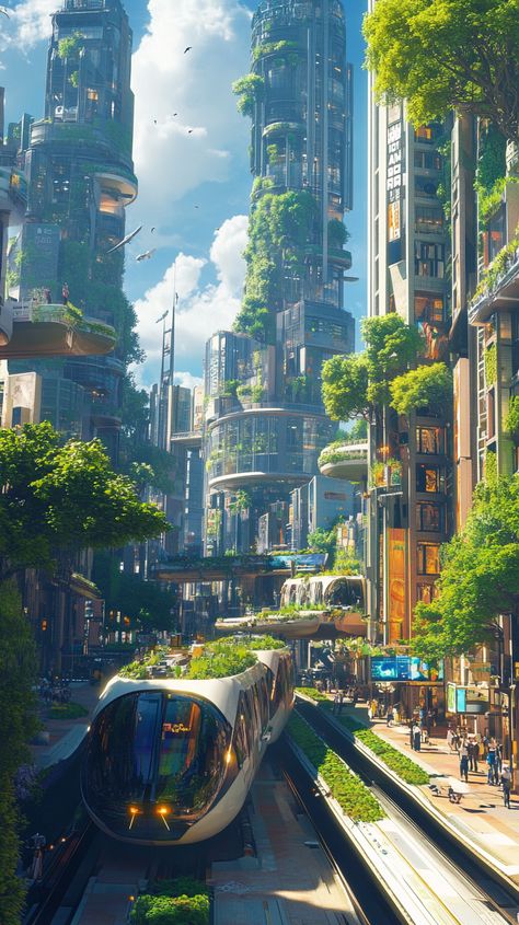 ✨ Discover the future of sustainable living in a vibrant urban street! 🌱 With floating green parks, sleek skyscrapers boasting vertical gardens, and tech-savvy pedestrians, this eco-friendly haven is a vision of innovation. 🚀 #FuturisticArchitecture #EcoFriendly #SmartLiving #Midjourney Eco City Concept Art, Eco Cyberpunk, Over Grown City, Futuristic Green City, Utopia Aesthetic, Futuristic City Utopia, Eco Futurism, Solarpunk Art, Eco Punk