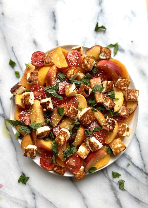 Tomato Peach Salad Female Foodie, Bountiful Kitchen, Completely Delicious, Summer Produce, Peach Salad, Homemade Dressing, Light Lunch, Fruit In Season, Side Recipes