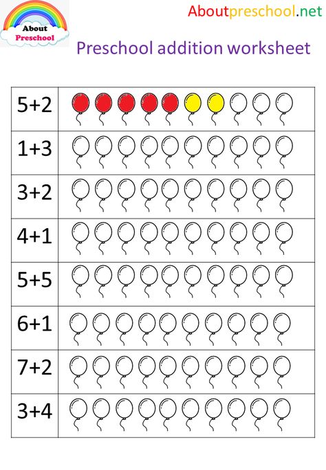 Preschool Addition Worksheet - Balloon - About Preschool Addition For Preschoolers, Addition Activities Preschool, Preschool Learning Activities Printables, Math Preschool Activities, Addition Preschool, Basic Subtraction Worksheets, Preschool Addition, English Preschool, Preschool English