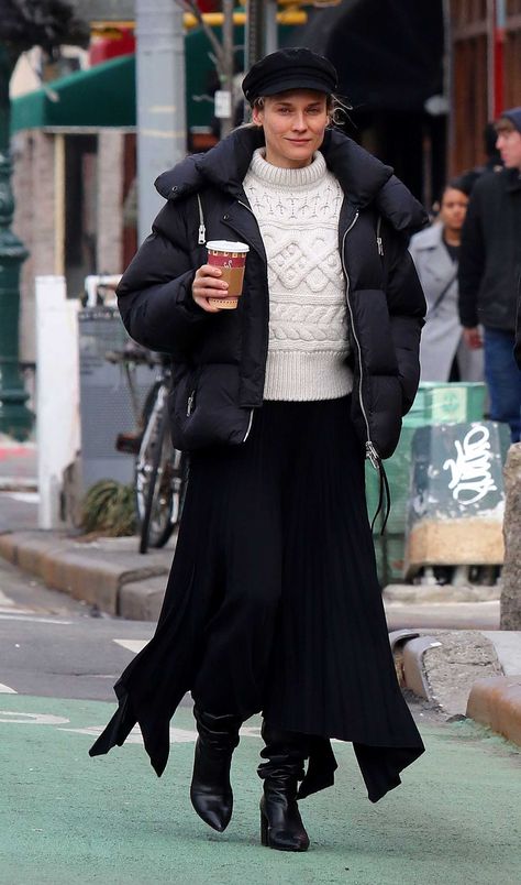 Diane Kruger's Puffer Coat, Newsboy Cap, and Handkerchief Hem Skirt Look for Less Hem Skirt Outfit, Handkerchief Hem Skirt, Coffee To Go, Kim Kardashian Red Carpet, Kendall Jenner Outfits, Diane Kruger, Tokyo Fashion, Victoria Dress, Handkerchief Hem