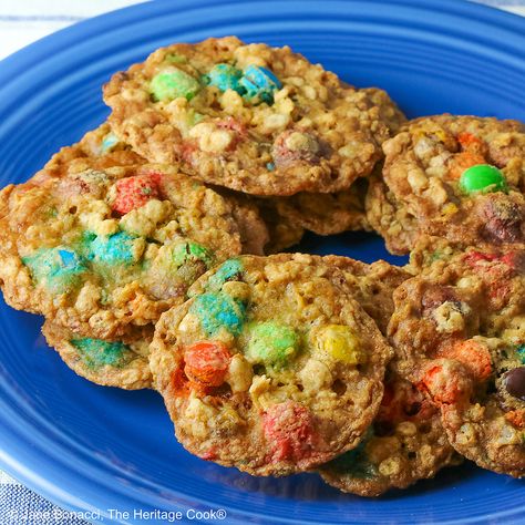 Crunchy M&M Oatmeal Cookies (GF) • The Heritage Cook ® Single Recipes, Holiday Goodies, Digital Kitchen Scales, Gluten Free Oats, Cookie Scoop, Kitchen Scale, Gluten Free Flour, Baking Sheets, Oatmeal Cookies