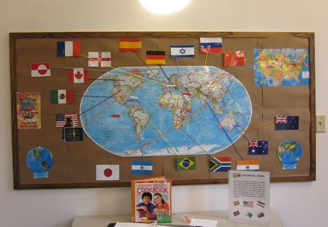 reading around the world bulletin board - Google Search Map Bulletin Board Ideas, Missions Bulletin Board, Map Bulletin Board, World Bulletin Board, Library Cat, Travel Theme Classroom, World History Classroom, Church Bulletin Boards, Esl Classroom