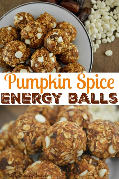 Delicious no-bake Pumpkin Spice Energy Balls bites are a healthy way to get your pumpkin fix! Made with white chocolate chips, dates, and pumpkin. #pumpkinspice #energyballs Pumpkin Energy Balls, Meals For A Crowd, Ideas For Brunch, Protein Balls Recipes, Healthy Afternoon Snacks, No Bake Energy Bites, Healthy Protein Snacks, Peanut Butter Pumpkin, After School Snack