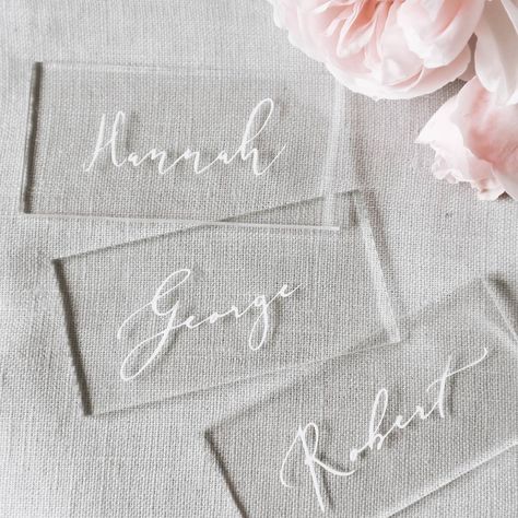 Are you interested in our clear acrylic place cards? With our clear perspex wedding place cards you need look no further. Place Card Calligraphy, Acrylic Place Cards, Wedding 101, Classic Calligraphy, Place Cards Wedding, Wedding Place Names, Calligraphy Writing, Card Table Wedding, Name Place Cards