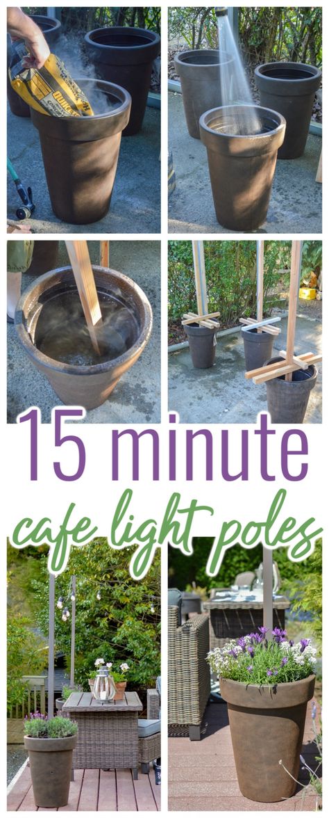 Handmade Planter, Outdoor Cafe, Light Pole, Outdoor Diy Projects, Cafe Lights, Backyard Diy Projects, Backyard Makeover, Patio Lighting, Backyard Projects