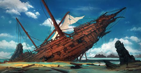 Shipwreck by HideTheInsanity on DeviantArt Sunken Boats, Galleon Ship, Sea Of Thieves, Island Theme, Abandoned Ships, Green Fire, The Serpent, Fantasy Setting, Cruise Port