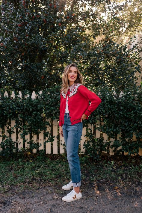 Holiday Red Edit - Julia Berolzheimer High Waisted Jeans Outfit, Red Wool Coat, Julia Berolzheimer, Fashion Diva, Gal Meets Glam, New Years Eve Outfits, Red Cardigan, Holiday Red, Cardigan Outfits