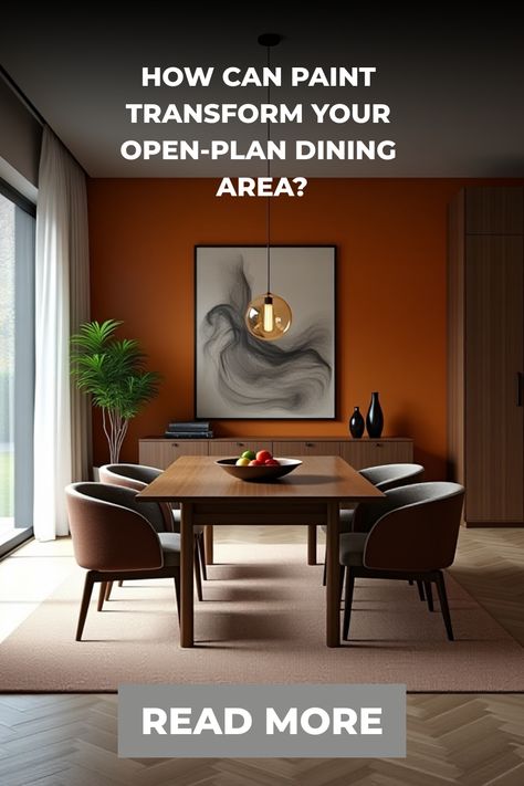 Open-plan dining area with bold accent wall Open Floor Plan Accent Wall, Dining Room Wall Paint, Bold Accent Wall, Paint Trends, Perfect White Shirt, Dining Room Paint, Statement Wall, Open Layout, Paint Samples