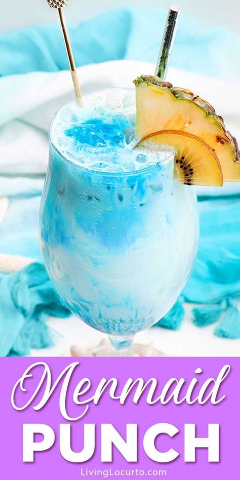 Mermaid Rum Punch is an ocean blue tropical drink recipe with frozen lemonade, coconut, rum and banana that’s absolute magic! #cocktail #drink #recipe #mermaid #LivingLocurto Frozen Drinks With Malibu Rum, Coconut Mixed Drinks, Mermaid Punch, Tropical Mixed Drinks, Frozen Mixed Drinks, Frozen Mermaid, Tropical Drink Recipes, Rum Punch Recipes, Alcholic Drinks