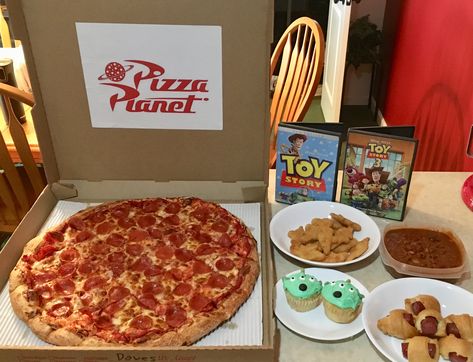 Disney Dinner And Movie Night Toy Story, Disney Movies With Food, Movies With Food Themes, Toy Story Menu Ideas, Up Movie Night Food, Dinner And A Movie Menu Disney Family, Movie Envelope Ideas, Toy Story Themed Movie Night, Disney Movie Inspired Meals