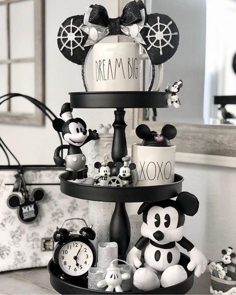 Disney Tiered Tray, Disney Tiered Tray Decor, Disney Shelf, Disney Interior, Disney At Home, Disney House Ideas, Disney Kitchen Decor, Mickey Kitchen, Disney House