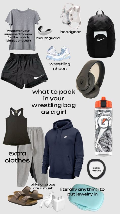 #wrestling #outfitinspo #bagideas #sportswear Wrestling Essentials, Wrestling For Beginners, Women Wrestling Outfits, Wrestling Practice, Wrestling Shoes Aesthetic, Wrestling Tournament Checklist, Wrestling Workouts, Wrestling Bag Essentials, Wrestling Practice Outfit