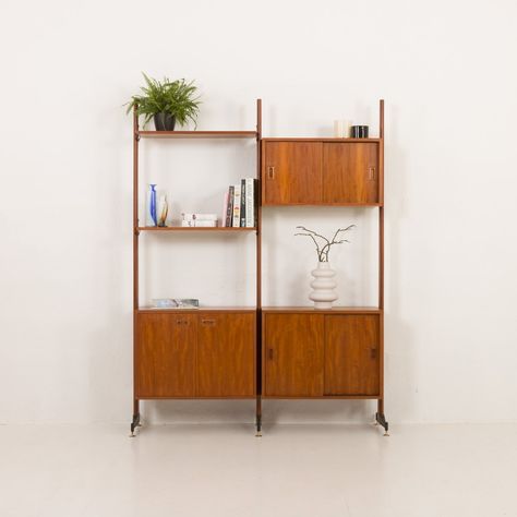 Mid-Century Italian Freestanding, Double-Sided Two Bay Teak Room Divider, 1960s for sale at Pamono Mid Century Wall Unit, Furniture Bookshelves, Mid Century Wall, Uneven Floor, Wall Unit, Aesthetically Pleasing, Panel Siding, Warm Colors, Free Standing