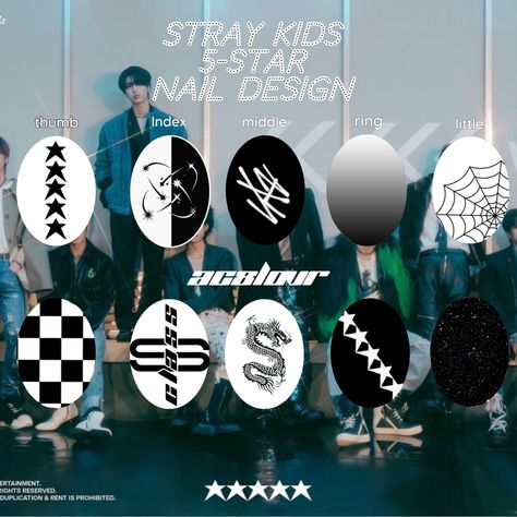 stray kids skz nail design 5-star album s-class 5star Nails Skz, Skz Nails Idea 5 Star, Kpop Nail Ideas Straykids, Straykids Nail Art, Kpop Nails Designs Skz, Skz Themed Nails, K Pop Nails Skz, Straykids Inspired Nails, Straykids Ate Nails