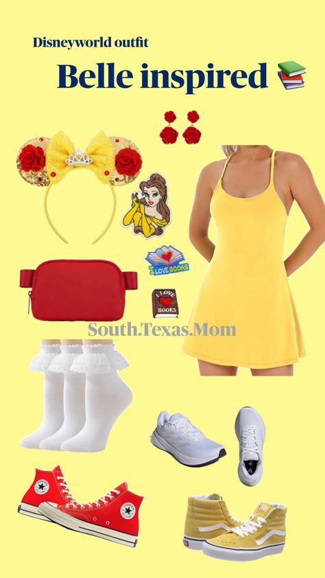 Belle inspired Disney world outfit! All items on my Amazon storefront Cute Disney World Outfits, Belle Inspired Outfits, Disneyworld Outfit, Disneyland Dress, Disney Park Outfit, Disney Bound Outfits Casual, Belle Outfit, Disney Trip Outfits, Disney Themed Outfits