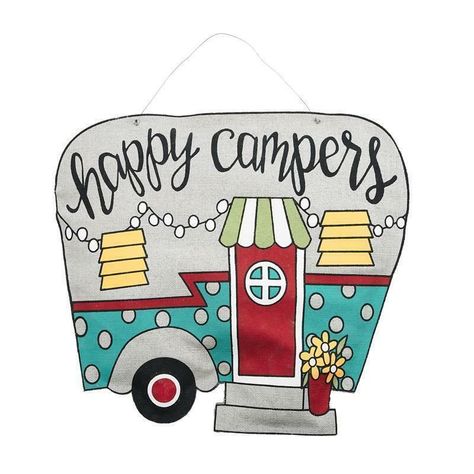 This is a camp sign that can be used to mark a campsite or to indicate where a specific activity is taking place. It is made out of sturdy wood and measures 24 inches by 24 inches. Vintage Camper Art, Happy Camper Sign, Camper Art, Camper Signs, Summer Door Hanger, Camping Signs, Camper Living, Camper Decor, Wooden Door Hangers