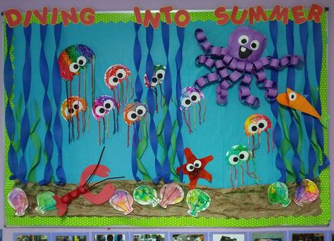 Summer Bulletin Board Summer Bulletin Board Ideas, Toddler Bulletin Boards, Ocean Bulletin Board, Summer Bulletin Board, Kids Bulletin Boards, Under The Sea Crafts, Summer Bulletin Boards, Ocean Theme Classroom, Preschool Bulletin