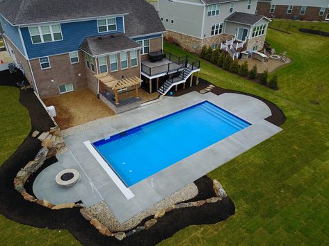 Simple Pools Backyard Inground, 18x36 Inground Pool, Vinyl Pools Inground, Fiberglass Pool Designs, Rectangle Swimming Pools, Country Pool, Farmhouse Build, Backyard Pool Design, Inground Pool Landscaping