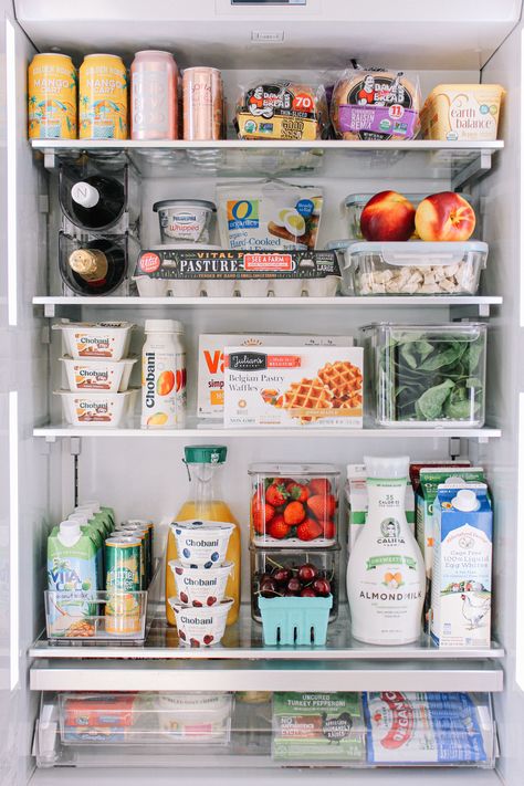 Things To Have In Your Fridge, Fridge Stocking Ideas, Fridge Necessities List, Single Fridge Organization, Ceramic Fridge Organization, Healthy Stocked Fridge, Minimalist Fridge Organization, One Door Fridge Organization, Fridge Organization Realistic