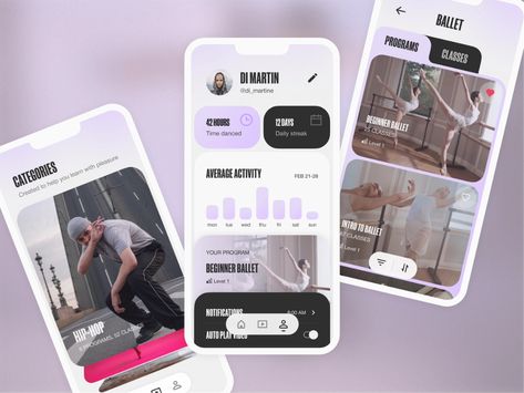 Dance Classes Mobile App by tubik UX for tubik on Dribbble Dance App, Beginner Ballet, Class App, Mindfulness App, Uiux Design, Mobile Application Design, Mobile Interface, Fitness App, Dance Classes