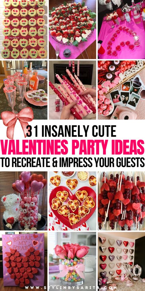 valentines party ideas Galentines Party Meal Ideas, Kids Valentine’s Day Party Ideas, Valentine Party Decoration Ideas, Valentine Party Food For Adults, Valentines Class Craft, February Theme Party, Valentines Adult Party, Valentine Cubicle Decorations, Valentine’s Day Theme