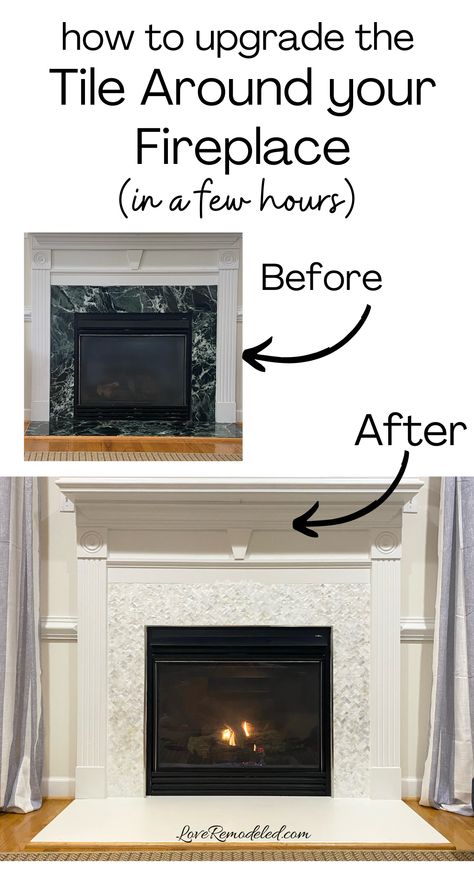 Upgrade Tile Fireplace, Redoing Fireplace Ideas Tile, Rustic Fireplace Tile Surround, Redoing Mantle Diy Fireplace, Painted Granite Fireplace, Updating Tile Fireplace, Upgrade Fireplace Surround, How To Update Marble Fireplace, Fireplaces With Tile Surrounds