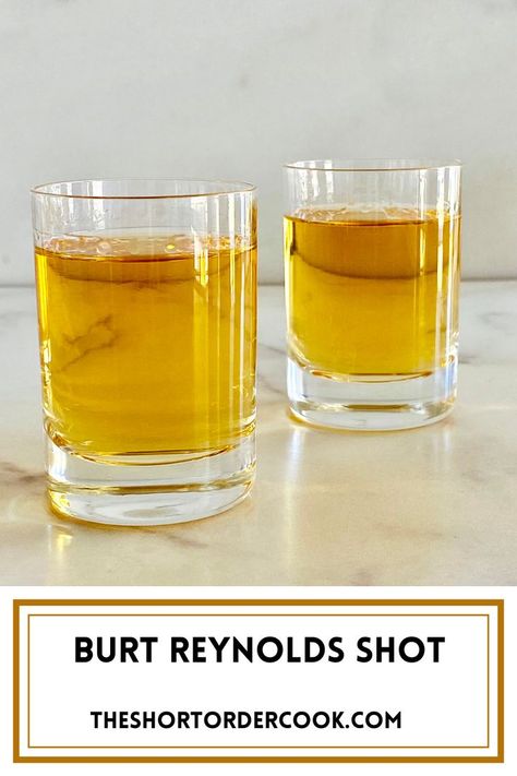 This sweet & spicy 2-ingredient Burt Reynolds shot recipe has a kick & now I know why he loved it so much. It warms you like the vanilla & cinnamon-spiced rum goes down & finishes with rich buttery caramel-like schnapps. Wow! Unfortunately, in the United States, you cannot find Butterscotch Ripple - so schnapps it is instead. Great with Captain Morgan's, Sailor Jerry, or other spiced rums. A great easy dessert shot recipe. Captain Morgan Shots, Rum Shots, Shots Alcohol Recipes, Whiskey Drinks Recipes, Shooter Recipes, Spicy Drinks, Cocktail Shots, Shots Alcohol, Happy Hour Cocktails