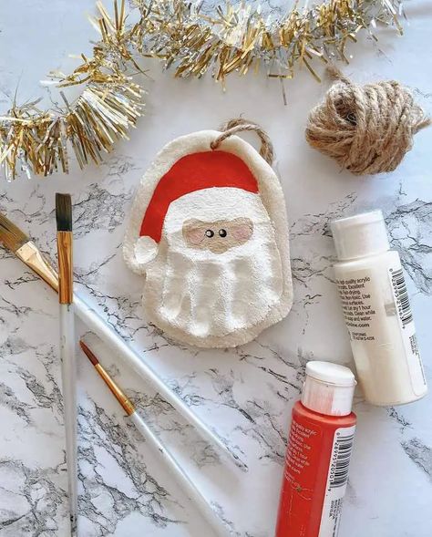 Santa Hand Salt Dough Ornament, Santa Salt Dough Handprint, Santa Hand Print Craft, Foot Salt Dough Ornaments, Hand Salt Dough Ornaments, Salt Dough Ornaments Santa, Salt Dough Santa Ornaments, Hand Ornaments Salt Dough, Reindeer Salt Dough Ornaments