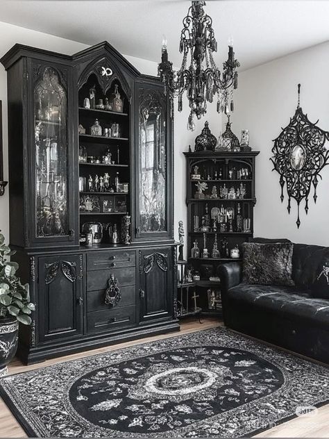 Black And White Victorian Living Room, White Gothic Living Room, Gothic House Aesthetic, Goth Living Room, Gothic Home Interior, Gothic Living Room, Goth Houses, Gothic Decor Bedroom, Small Laundry Room Ideas