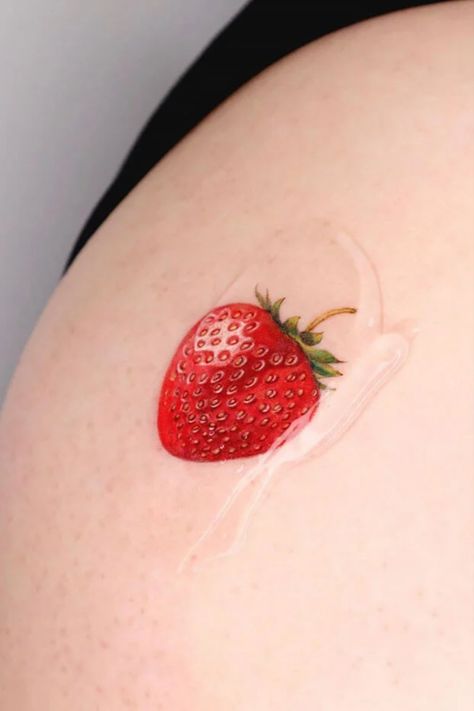 Strawberry Tattoo Ideas, Strawberry Tattoos, Go Tattoo, Thumb Tattoos, Strawberry Tattoo, Fruit Tattoo, Food Tattoos, Simple Tattoos For Guys, Mouthwatering Food