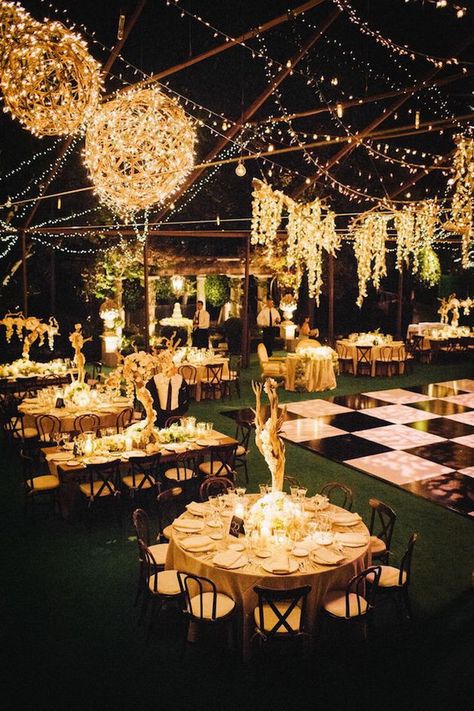 romantic string lights for evening wedding reception ideas Wedding Ceremony Decorations Outdoor, Wedding Backyard Reception, Rustic Outdoor Wedding, Wedding Venue Inspiration, Outdoor Wedding Reception, Gatsby Wedding, Bridal Musings, Outdoor Reception, Outdoor Wedding Decorations