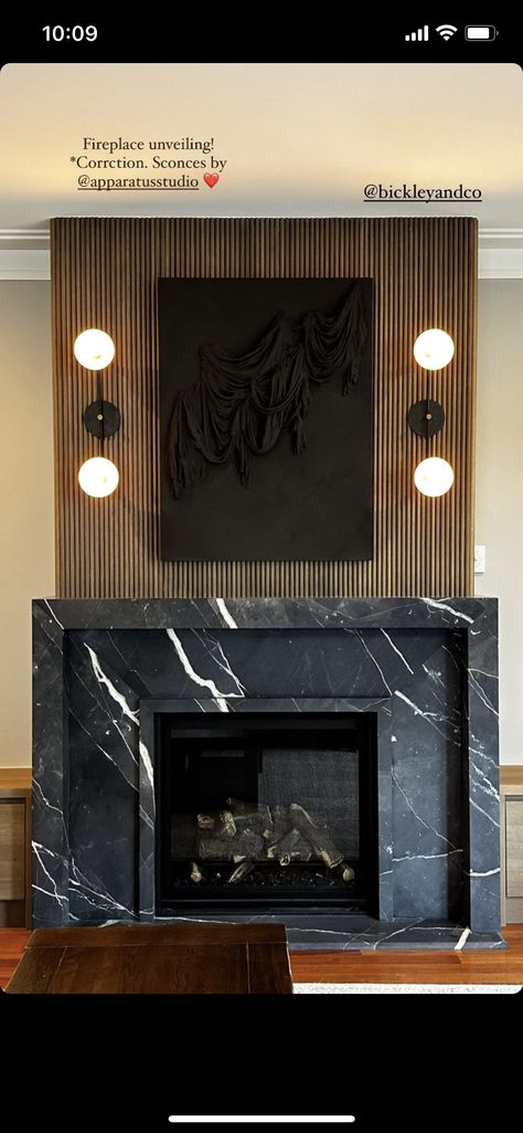 Fireplace With Wood Paneling Wall, Fireplace With Black Tile, Two Tone Fireplace, Modern Bedroom Fireplace, Gas Fireplace Surround, Black Marble Fireplace, Modern Fireplace Design, Antique Homes, Granite Fireplace