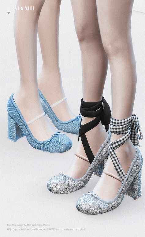 【CHARONLEE】Miu Miu Silver Glitter Ballerina Heels - The Sims 4 Catalog Miumiu Sims 4 Cc, Miu Miu Sims 4 Cc, Sims 4 Cc Miu Miu, Sims 4 Miu Miu, Sims 4 Cc Shoes Women, Ballerina Heels, Nike Runners, Cc Shoes, Sims 4 Cc Shoes