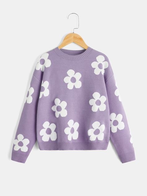 Floral Pullover, Pullover Outfit, Estilo Preppy, Floral Sweater, Floral Knit, Long Sleeve Pullover Sweater, Drop Shoulder Sweaters, Purple Sweater, Knitting Girls