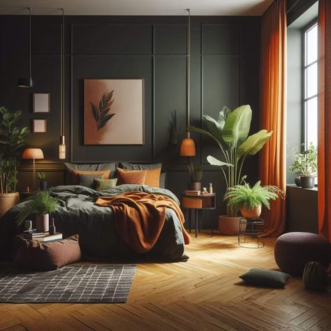 Eclectic Moody Warm Bedroom, Midcentury Moody Bedroom, Olive Green Black And Brown Bedroom, Sage Green With Dark Wood, Dark Green Orange Bedroom, Dark Green And Rust Living Room, Large Guest Room Ideas, Dark Retro Bedroom, Cool Headboard Ideas