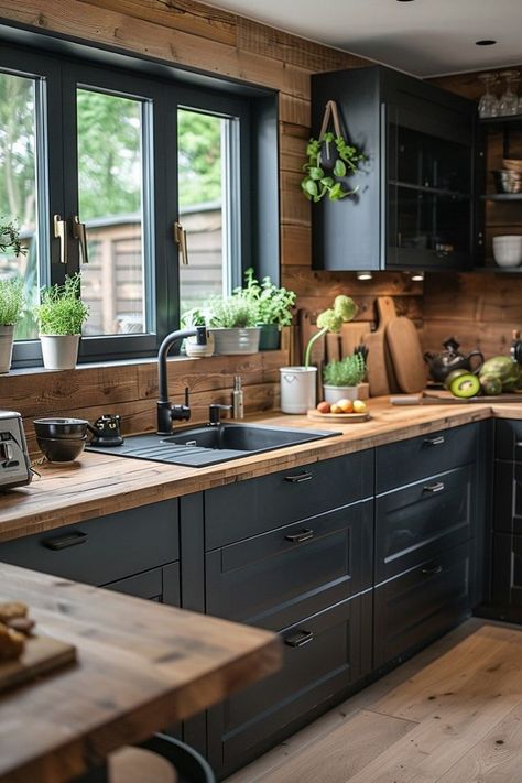 Cozy Elegance: 60 Scandinavian Cabin Interior Design You’ll Love – Decomagz Cabin Kitchen Modern, Wooden Counter Tops, Modern Cozy Kitchen, Cabin Interior Design, Wooden Counter, Cabin Kitchens, Scandinavian Kitchen, Cozy Kitchen, Industrial Kitchen