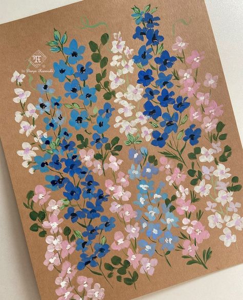 Darya Karenski on Instagram: “JULY - my birth month and a flower I absolutely adore - delphinium (larkspur). The saturated ultramarine blue ones (with black centers) are…” July Birthday Flower, Gouache Flowers, Floral Wall Art Prints, Easy Flower Painting, Blue Flower Painting, Acrylic Painting Flowers, Birthday Flower, July Birthday, Rustic Art