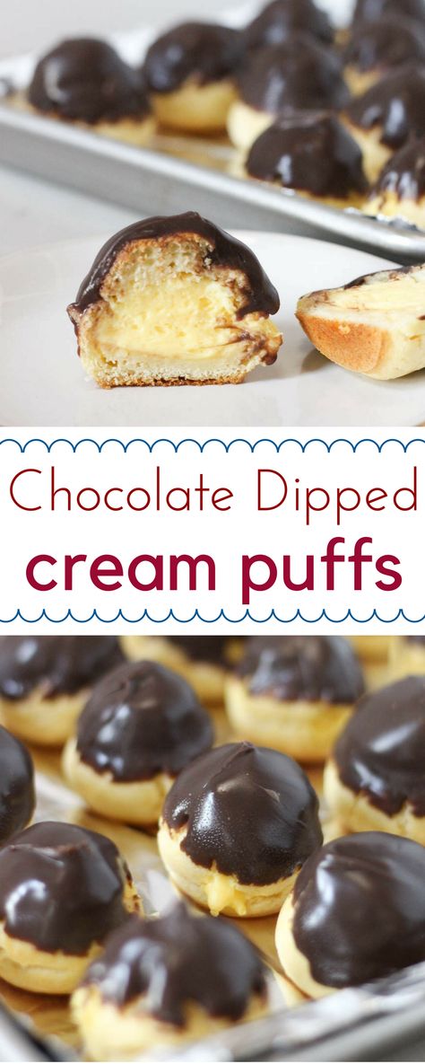 You can make these #chocolate dipped fluffy cream puffs at home! Filled with shortcut fluffy pastry cream, they are the perfect crowd pleasing #dessert! High Altitude Cream Puffs, Chocolate Cream Puffs Recipe, Chocolate Glaze For Cream Puffs, Desert Sauces, Cute Cream Puffs, Chocolate Cream Puff Filling, Fluffy Pastry, Puffs Recipes, Cream Puffs Recipe Easy