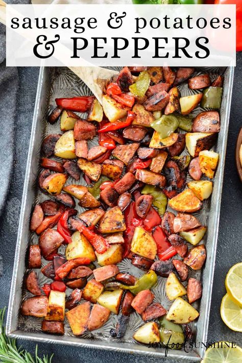 Roasted sausage and potatoes and peppers is an easy, one-pan recipe made with only 8 ingredients! A delicious quick, easy & nutritious dinner. Sausage Potatoes And Peppers, Roasted Italian Sausage, Baked Red Potatoes, Roasted Sausage, Sausage And Potato Bake, Sausage And Potatoes, Sausage And Mash, Nutritious Dinner, Sausage Peppers And Onions