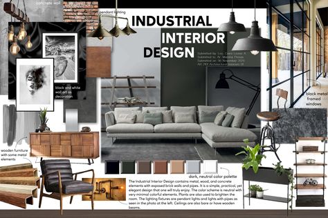 A Proposed Interior Design for the Bungalow House Mood Board Architecture Interior Design, Industrial Interior Design Mood Board, Industrial Mood Board Interior Design, Interior Design Concept Board, Mood Board Concept, Design Concept Board, Interior Design Presentation Boards, Urban Industrial Design, Materials Board Interior Design