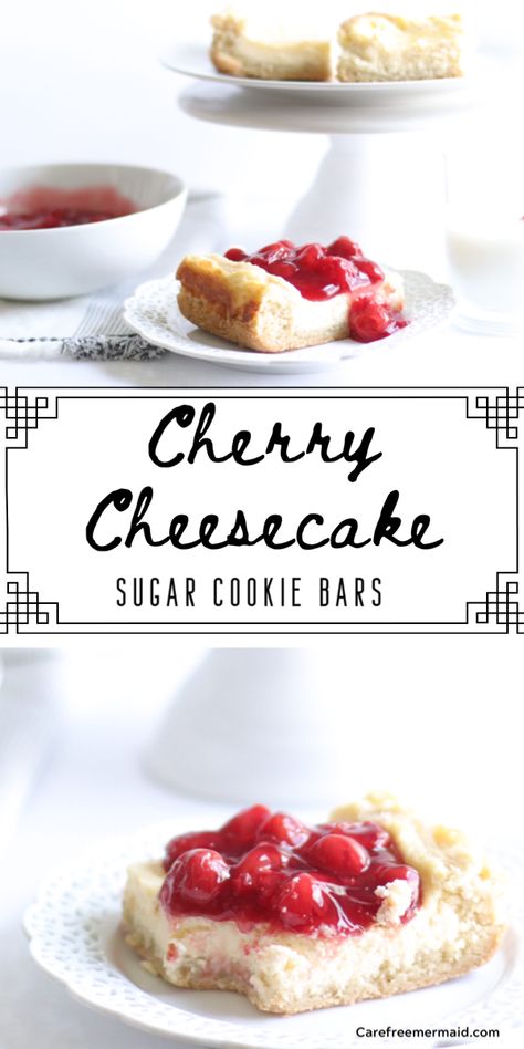 Sugar Cookie Cherry Cheesecake, Cherry Cheesecake Tacos Recipe, 5 Ingredient Sugar Cookie Cheesecake Bars, Cheesecake Brownies With Fresh Cherries, Cherry Cheesecake Bars, Cheesecake Cherry, Sugar Cookie Cheesecake, Cherry Pie Filling Recipes, Sour Cream Sugar Cookies