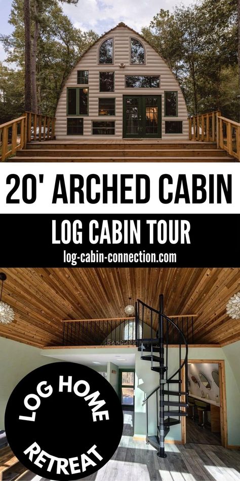 You'll love the mix of modern and rustic in the 20' arched cabin with a gorgeous front wall of windows bringing in natural light! Arched Cabin Interior Design, Arched Cabins 24x40, Arched Cabin Interior, Airbnb Cabin Ideas, Arched Cabin Floor Plans, Arch Cabins, Arched Cabins, Cheap Cabins, Cabin Build