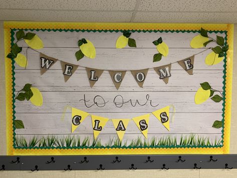 Lemon themed day care classroom bulletin board Lemonade Bulletin Board, Lemon Bulletin Board Ideas, Lemon Bulletin Board, Lemon Theme Classroom, Yellow Classroom, Lemon Classroom, Bulletin Board Ideas For Teachers, Classroom Door Ideas, Plants Classroom