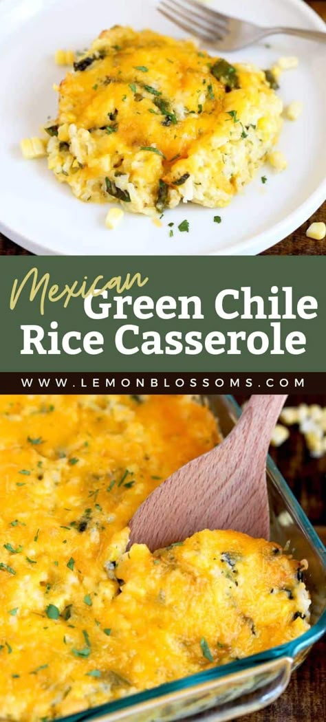 This Mexican Green Chile Rice Casserole is Creamy, cheesy and and easy to make. Filled with corn, roasted green chiles, sour cream, cilantro, and cheese then baked until perfectly golden! A great make ahead side dish that also reheats well. #recipe #creamy #cheesy #Mexican #vegetarian #greenchili Poblano Rice Casserole, Green Chile Cheese Rice, Green Chile Corn Chowder, Sour Cream Rice Mexican, Cheesy Green Chile Corn Casserole, Cheesy Green Chili Rice, Corn Green Chili Cream Cheese, Green Chili Cheese Rice Casserole, Cheesy Poblano Rice Bake