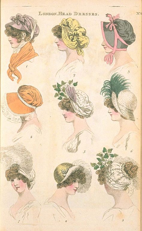 August 1801, The Fashions of London & Paris 1800s Hats, 1809 Fashion, 1800 Aesthetic, Regency Hats, Regency Hair, 1800s Aesthetic, 1820 Fashion, Head Dresses, Historical Hats