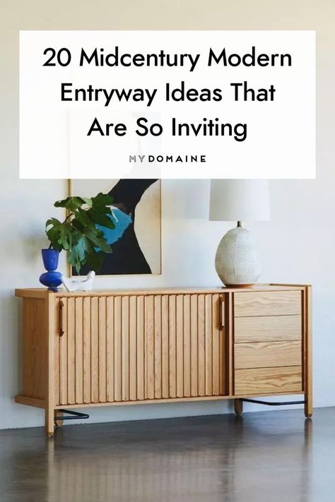 Clean lines, muted tones, and geometric shapes were all the rage in the '50s and '60s, and these elements are still stylish today. Make your entryway feel inviting by giving these midcentury modern decorating ideas a try. #MidcenturyModern #MidcenturyModernEntryway #EntrywayIdeas #EntrywayDesign #MyDomaine Mid Century Entryway Ideas, Mid Century Hallway, Modern Decorating Ideas, Modern Entryway Ideas, Mid Century Modern Entryway, Mid Century Entryway, Mid Century Modern Door, Entry Cabinet, Modern Decorating