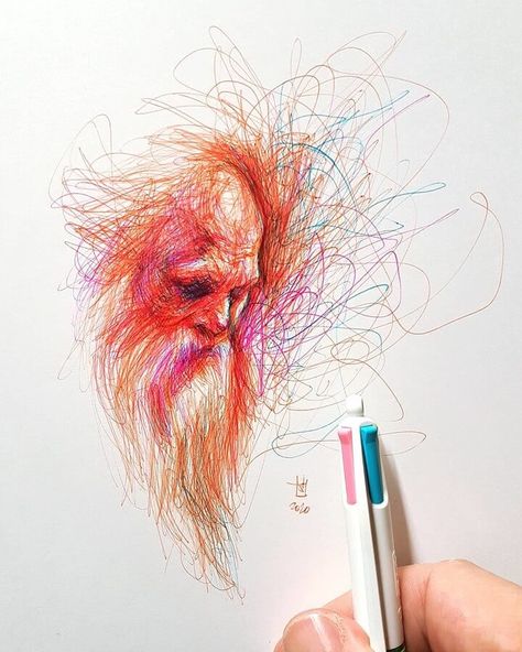 Scribble Color Pen Portraits. Click the image, for more art from Alberto Russo. Colorful Pen Sketches, Colored Pens Drawing, Pen Portraits, Art Scribble, Scribble Drawings, Stylo Art, Sharpie Drawings, Pencil Inspiration, Ballpoint Pen Art