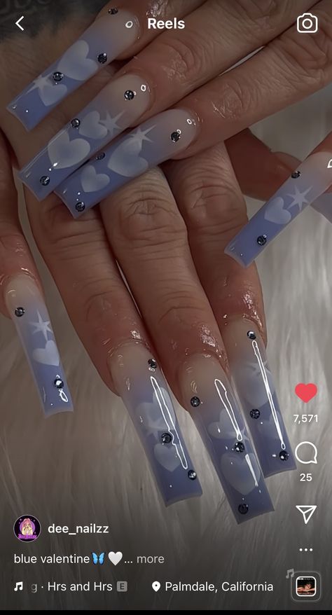 Light Blue Valentine Nails, Blue Vday Nails, Blue And Pink Valentine Nails, Valentines Nails Blue, Blue Valentine’s Day Nails, Royal Blue Nails With Hearts, Valentines Day Nails Blue, Blue Valentines Day Nails, Blue Valentines Nails