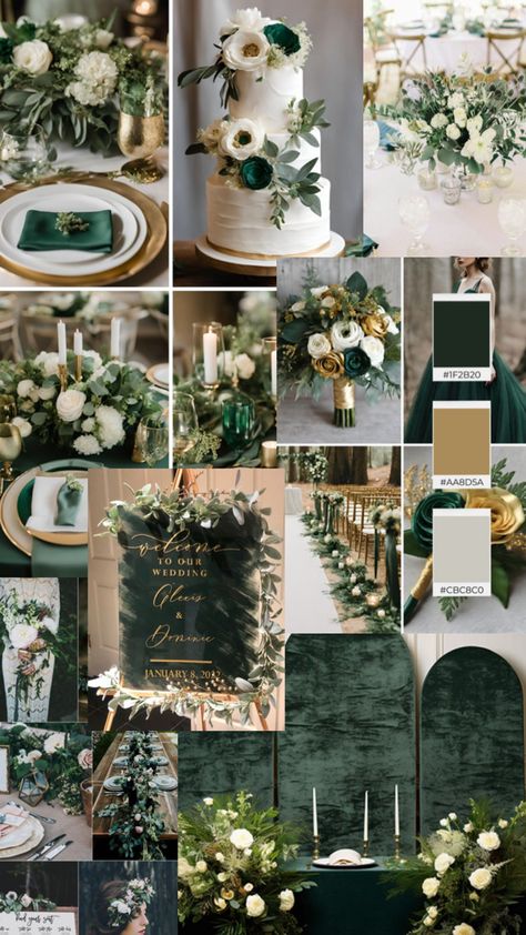 Green And Gold Color Palette Wedding, Dark Green Gold White Wedding, Olive Wedding Theme Color Schemes, Wedding Green And Gold Theme, Hunter Green Wedding Theme Color Schemes, Black Green Champagne Wedding, Forest Green Wedding Pallet, Pine Green And Gold Wedding, Emerald Green White Gold Wedding