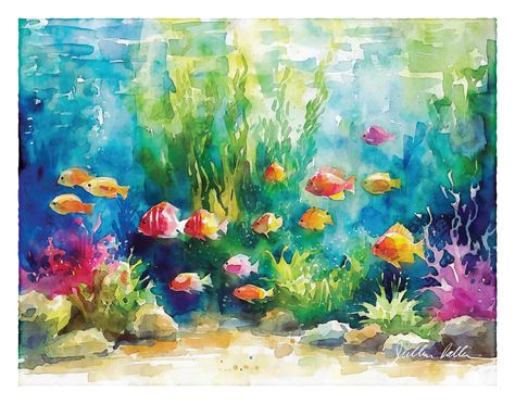 This print is unframed.  A minimalist, peaceful watercolor print of a beautiful aquarium aquascape. Printed on fine art paper, this piece is a terrific gift for aquarium fish enthusiasts. * Printed on archival, acid-free 340 gsm (21 mil) Fine Art Paper, with a soft textured surface, equivalent to watercolor or etching paper. * Giclee print, with Eco-Solvent inks. * To facilitate matting/framing, each print has a 1/2-inch unprinted border included in the size. The size choices refer to the dimensions of the paper. * Each Print is carefully shipped in a rigid envelope or rolled in a tube, depending on the print size. * These prints ship directly from my professional printing partner. Other sizes are available on request. Please contact me if you would like a different print size. For more de Watercolour Aquarium, Tropical Fish Painting, Watercolor Aquarium, Fish Tank Painting, Fish Tank Art, Aquarium Painting, Peaceful Watercolor, Banister Ideas, Fish Watercolor Painting